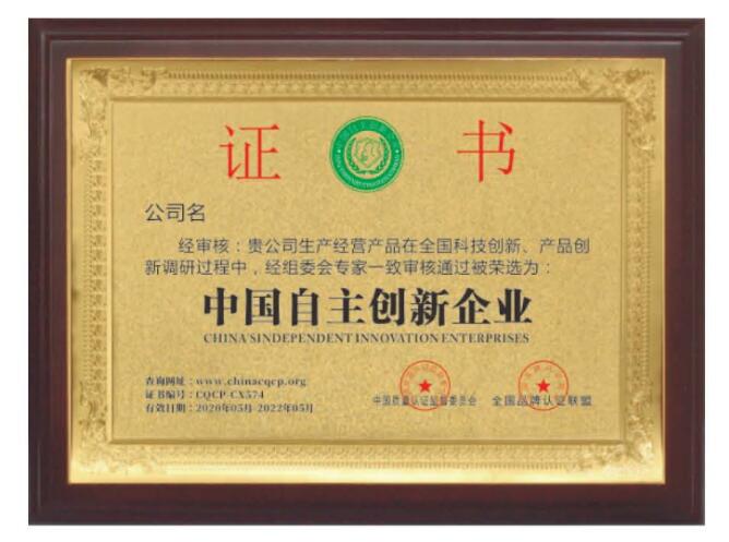 中國自主創新企業證書